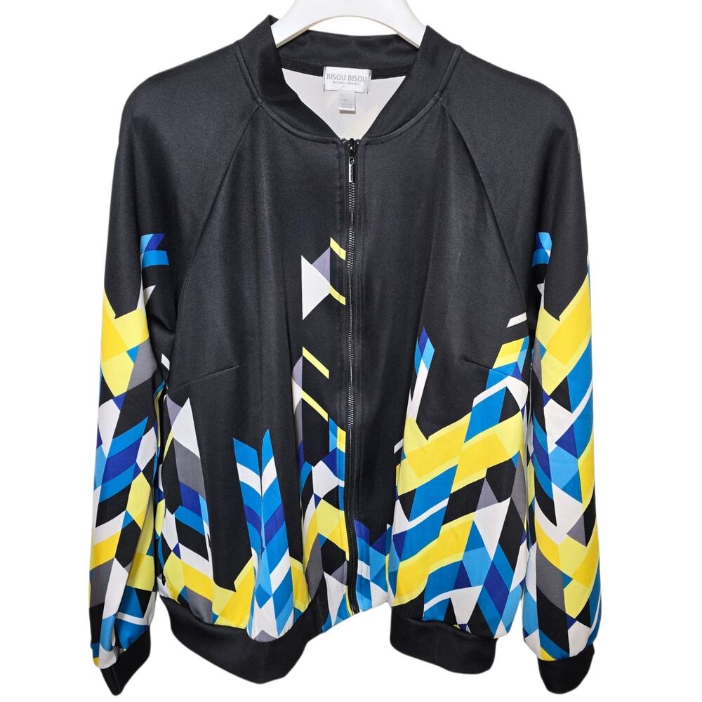 BISOU BISOU Sz XL Cascade Geo Polyester Track Jacket Full Zip Black Multicolor
